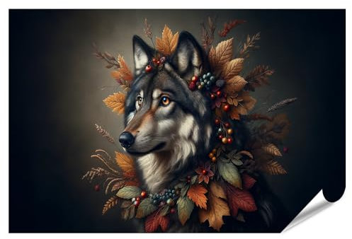 islandburner XXL Bild Poster Mystischer Wolf geschmückt mit Herbstlaub Premium Bilder Fotodruck