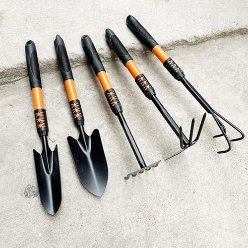 Full Size 5 Piece Gardening Hand Tool Set - Includes Broad Trowel, Pointed Trowel, Digging Hoe, 5T Rake, 3T Rake. Long 40+cm Handles, Strong Carbon Steel, No-Slip Grip