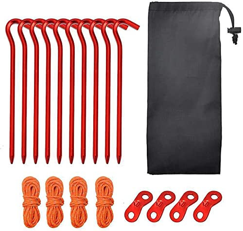 ZGYOZMNG Tent pegs, tent pegs, tent pegs, corkscrew steel pegs, anchor kit, 10-piece aluminum tent pegs with hooks, forged steel tent pegs, tent pegs, storage bag (Rot)