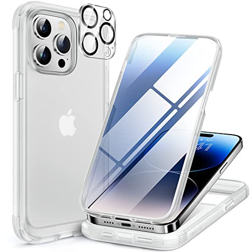 Miracase Glass Series for iPhone 14 Pro Case 6.1 Inch, [Built-in 9H Tempered Glass Screen Protector + Camera Lens Protector] Full Body Rubber Bumper Clear Back Case Cover (Matte Clear)