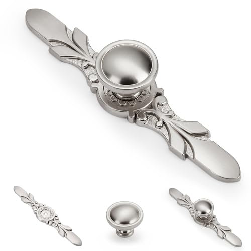 Aandxmok 10 Pack Cabinet Door Knobs with Backplate Brushed Nickel - 1.2” Knob & 5.8” Plate - Funky Cabinet Knobs for Kitchen Cupboards, Bathroom Drawer Pulls, Decorative Bedroom Closets