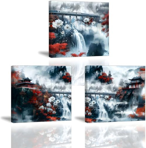 Piy Painting Tableau sur Toile Paysage Peinture à l’encre - Impression sur toile Pin rouge - Peinture sur Toile - Tableau Decoration Murale pour cuisine restaurant 3 pièces 30x30 cm, Cadre Intérieur