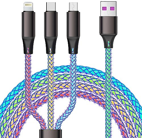 KINDRM 3in1 LED Multi Charging Cable, 4ft RGB Light UP Gradual USB to Lightning/Micro USB/Type-C Multi Charger Cable 6A Fast Charing Cord for iPhone, Samsung Galaxy, LG, Tablets and Most Cell Phones