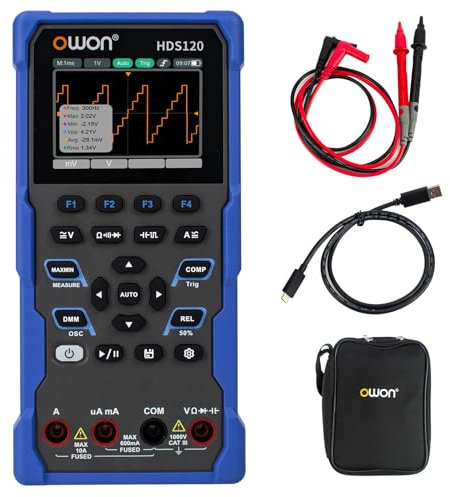 OWON HDS120 Multifunktions Oszilloskop Multimeter, 20000 Zählungen, tragbares 2 in 1Universal Testgerät, 1 Kanal, 1 MHz Bandbreite, USB Typ C Schnittstelle, 2,8Zoll IPS Bildschirm