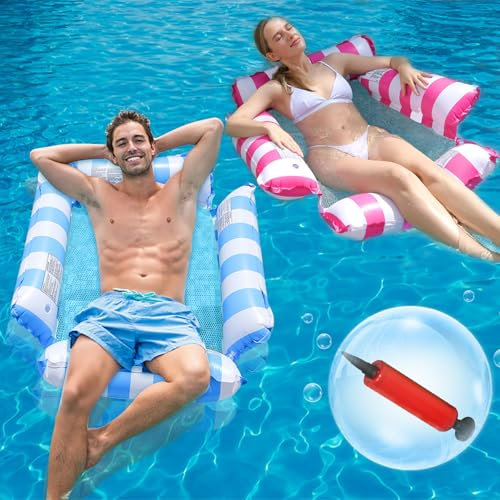 Lot de 2 flotteurs gonflables pour piscine, 4 en 1, multi-usages, avec pompe à air manuelle, chaises de piscine pour la plage, la piscine, la selle d'exercice, le hamac, la dérive (bleu, rose)