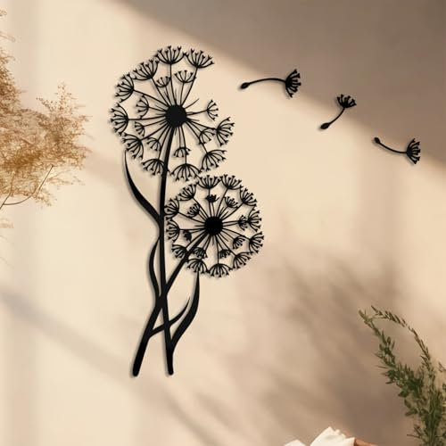 champracer Metall Wanddekoration, Metall Löwenzahn Wandkunst, Boho Blume Wandskulptur für Wohnzimmer und Schlafzimmer, Schwarz