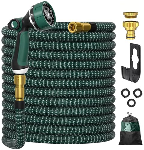 Expandable Garden Hose 50FT, Ultty Hosepipe with 10 Function Nozzle, 1/2 & 3/4 Solid Metal Fittings Durable 3750D Weave No-Kink Lightweight Outdoor Yard Flexible Water Hose, Green