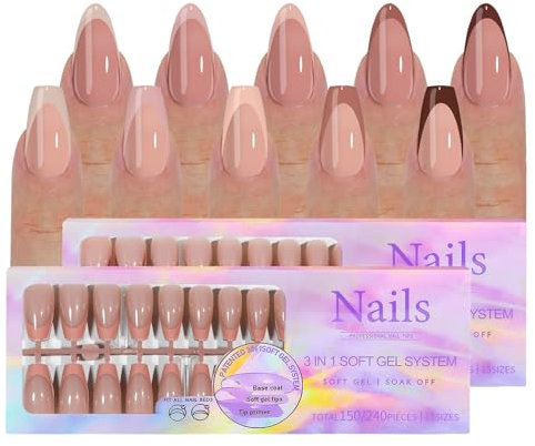 Joyeee Fake Nails, 300 Stück French Press on Nails, 5 Farben 2 Nagelformen 15 Größe Nägel Zum Aufkleben Kurz, Soft Gel Press on Nails Full Cover Künstliche Nägel Almond Nail Tips für Mädchen Frauen