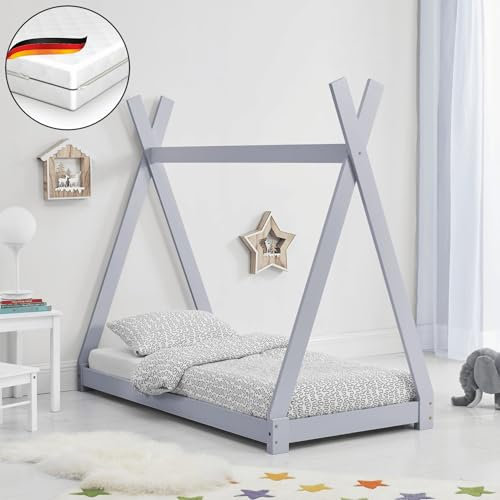 DELUKE® Kinderbett 80x160 YONA - mit Matratze, Lattenrost | Tipi-Optik | Einzelbett Tipibett Hausbett Kinderzimmer Bodenbett Montessori Bett, Grau
