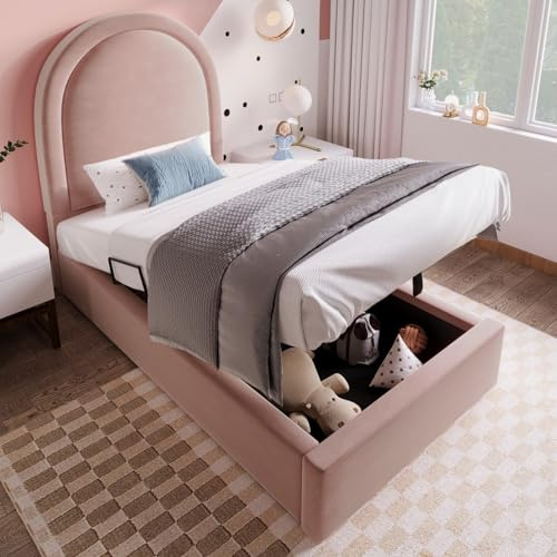 KOMHTOM Lit d'enfant avec Rangement sous Le lit, Rembourré avec Sommier à Lattes et Tête de Lit, Hydraulique(sans Matelas) (Rose-90x200 cm)