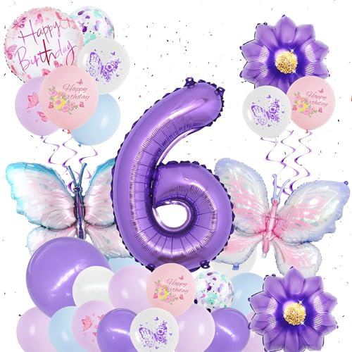 Schmetterling Deko Geburtstag Mädchen 6 Jahre - 31 Stück Geburtstagsdeko Luftballons Schmetterlinge Folienballon Zahlenballon, Lila Geburtstags Party Dekoration Ballons für Kinder