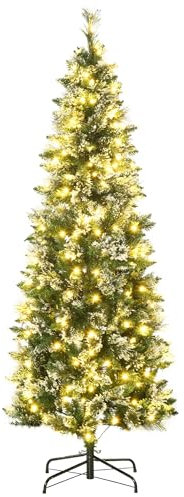 HOMCOM Albero di Natale Slim 180cm, Albero di Natale Artificiale con 618 Rami e 240 Luci LED Incorporate, Albero Innevato Alto e Stretto con Base in Acciaio