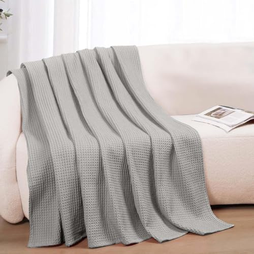100% Cotton Blankets for Bed - Waffle Weave Blankets for Summer, Lightweight and Breathable Soft Woven Blanket for Spring (Light Grey, Throw (50 x 60))