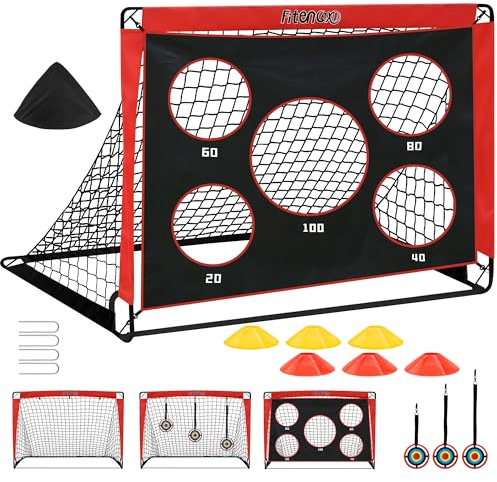 Fußballtor Kinder - 3-in-1 Pop Up Tor mit Torwand | Goal für Garten, Park & Strand | Outdoor Fussballtore mit 5 Schusslöchern, 3 Zielscheiben & 6 Hindernissen | inkl. Tasche & Bodennägel