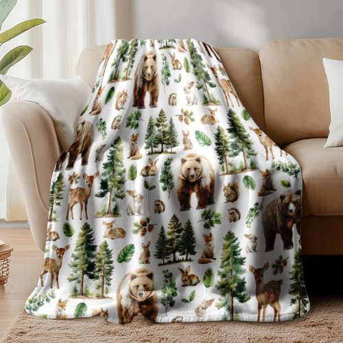 WADORN Tierwald Fleecedecke, Kuschelige Weiche Überwurfdecke Mit Kiefernbaum Bär Kaninchen Hirsch Flauschige Flanell Fleecedecken Geschenke Für Tierliebhaber Für Das Büro Wohnzimmer Sofa, 150x130cm