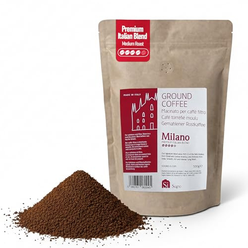 Si Sogno Milano Ground Coffee: Premium Italian Blend, Rich and Smooth; Medium Roast, 500g - Perfect for Moka Pots & Filters