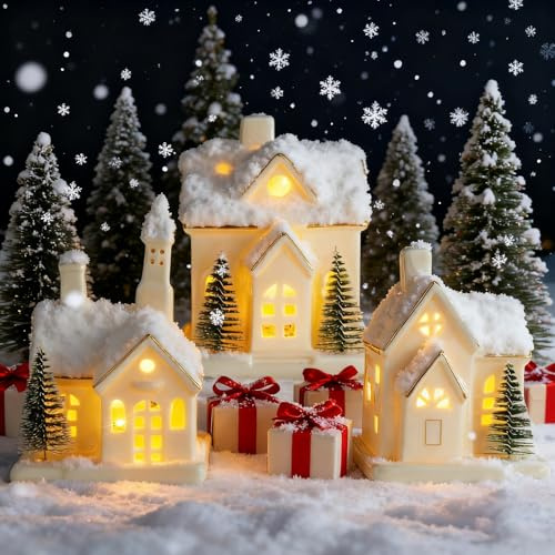GARKALY Set di 3 case natalizie in ceramica bianca, con timer, villaggio di Natale illuminato con 4 alberi, statuette illuminate a LED da tavolo per decorazione domestica, vacanze invernali, regalo di