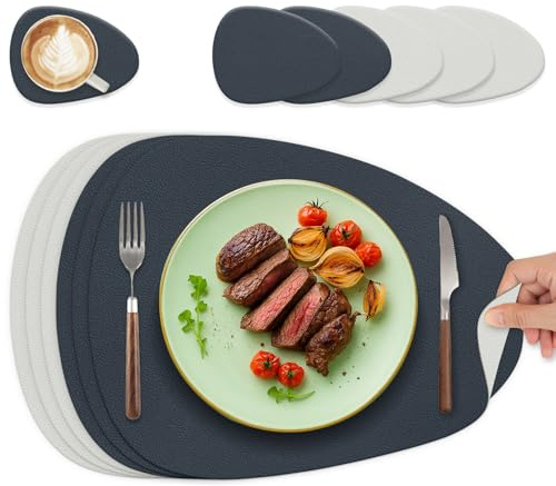 HELI MIAO Tischsets Abwaschbar 6er Set - Doppelseitige Platzsets, Platzdeckchen mit Untersetzer aus Lederoptik, wasserdichte als Tischunterlage für Ihren Esstisch - Oval in Dunkelblau + Hellgrau