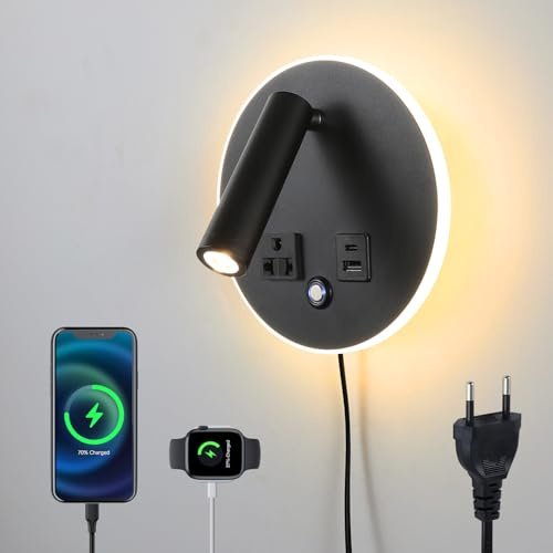 CNMYKYDS Lampe de lecture mural dimmable et réglable avec commande tactile – Port de chargement USB C+A, pour chambre/salon avec câble détachable