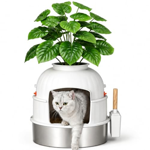 Klippehop Hidden Cat Litter Tray, Stainless Steel Litter Box with Faux Plant and Scoop, Decorative Round Litter Box Enclosure, Odour Control and Easy Clean, Cat Litter Tray Home Decor (White, XL)