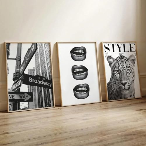 JORCEDI Trendige 3-teilige Wandkunst Set, Schwarz-Weiß-Stadtbild & Leopard Poster, Stilvolle Deko-Leinwände für Wohnzimmer, Schlafzimmer, Büro Ohne Rahmen (40x50cm)
