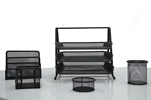 Premium Mesh Office Set of 5 PCS - 3 Tier Letter/Filing/Paper Tray, Letter Rack, Pen Pot, Clips & Memo Pad Holder(BLACK)