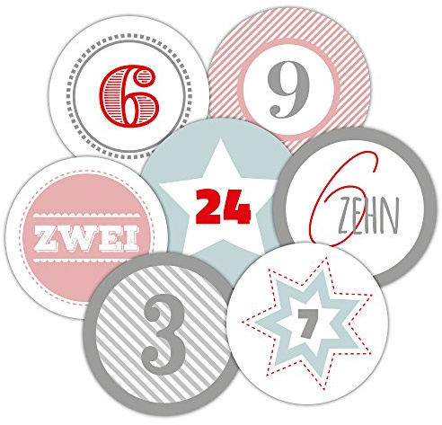 Frau WunderVoll® 24 Adventskalenderzahlen XL Aufkleber Pastell, Durchmesser 6 cm/Sticker, Weihnachten, Adventskalender, DIY Kalender, Kindergeburtstag, Aufkleber Kinder,Junge, Mädchen