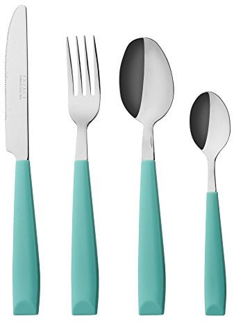 EXZACT Besteck Set 16 Stück - Edelstahl mit Kunststoff-Handgriffen - Bequem zu halten - 4 x Gabeln, 4 x Dinner Messer, 4 x Dinner Esslöffel, 4 x Teelöffel (Türkis) .(WF232W x 16)