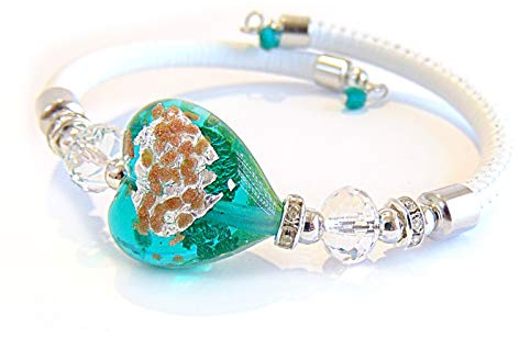 VENEZIA CLASSICA - Damen-Armband mit Herz aus Muranoglas und echtem Toskana Leder, Kollektion Tuscany mit Gold und Silberblatt, gruen