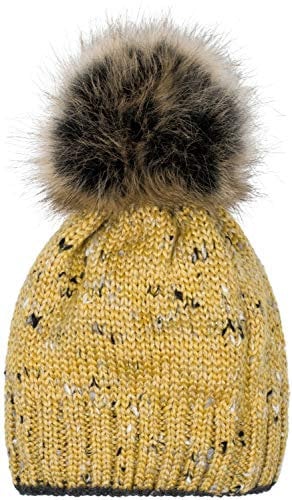styleBREAKER Damen Strick Bommelmütze bunt Gemustert mit Glitzerfaden und Fleece Futter, Winter Fellbommel Mütze 04024178, Farbe:Gelb