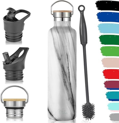 Milu Edelstahl Trinkflasche 500ml, 750ml, 1000ml (+3 Deckel) - Thermosflasche mit Strohhalm, Isolierte Wasserflasche, Auslaufsichere Isolierflasche doppelwandig, Kohlensäure geeignet (Marble, 1000ml)