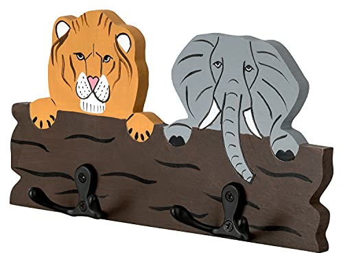 Porte-manteau mural pour chambre d’enfants Les rois de la jungle - Lion & Eléphant Tasseau en bois avec 4 patères, 21.5 x 11 x 1 cm
