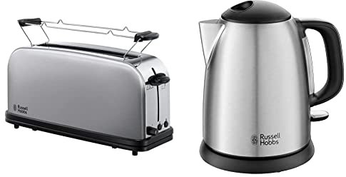 Russell Hobbs Adventure Hervidor de Agua Eléctrico 2400 W, 1 litro, Acero Inoxidable + Adventure Tostadora 1 Ranura Larga y Ancha, para 2 Rebanadas, Acero Inoxidable, Plata 21396-56