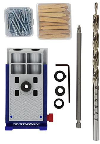 Tivoly 11110220100 Kit 68pcs Assemblage Invisible, avec Guide Angle 15°, Foret étagé Ø9,5x200mm, Embout de vissage Pz2 LG 150mm, 30 Tourillons, 30 Vis Bois Bleu/Gris