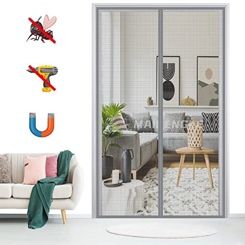 Magnet Fliegengitter Tür Insektenschutz, Magnetischer Fliegenvorhang Selbstklebend Moskitonetz ohne Bohren, für Balkontür Terrassentür Wohnzimmer-Gray|| 80x210cm(31x82inch)