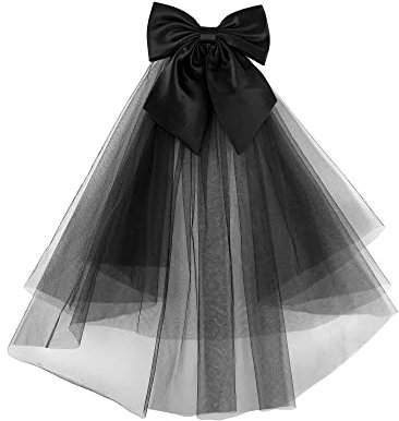 CHIC DIARY Kurz Brautschleier mit Schleife Schwarz/Weiß Tüll Schleier mit Kamm JGA Fasching Hochzeit Kostüm Festlich Outfit Damen