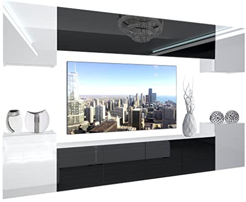 BELINI Wohnwand Vollausstattung Wohnzimmer-Set Moderne Schrankwand mit LED-Beleuchtung Anbauwand TV-Schrank Weiß/Schwarz/Glänzend