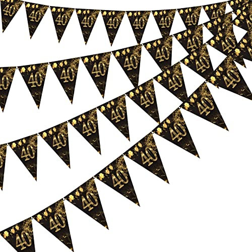 40th Happy Birthday Banner Bunting Flags 40 Pieces Gold and Black Glitter Birthday Anniversary Theme Party Decoration Supplies