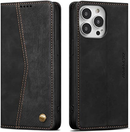 QLTYPRI Wallet Case for iPhone 14 Pro Max, Vintage PU Leather Folio Case with Card Slots Kickstand Magnetic Closure Shockproof Flip Phone Cover for iPhone 14 Pro Max - Retro Black