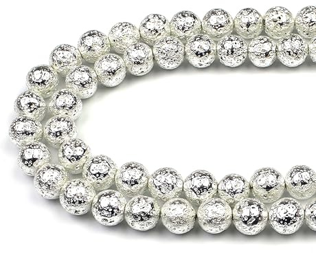 MJDCB Natural Round Stone Beads 10mm Electroplated Silver Lava Volcanic Rock Loose Gemstone Beads for Jewelry Making Bracelet Necklace 35pcs