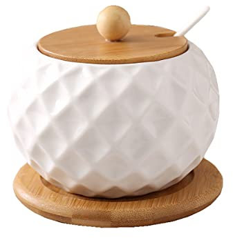 OKIPED Pot à épices Pot de Miel 500ml Pot de sel 500g avec Plateau en Bambou Couvercle en Verre Boîte à épices avec cuillère Bidons de Stockage Porcelaine de Chine (Size : 3)