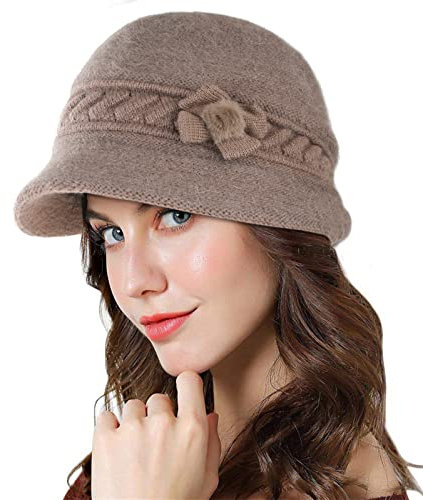 Adigaber Cloche Angola Robe Bonnet en Tricot Chaud Femme Hiver Élégant Chanvre Fleurs Béret Chapeau Casquettes avec Chapeau de Soleil