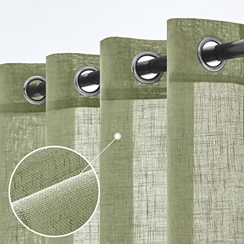 Woaboy Leinen Gardinen Grün Vorhänge Wohnzimmer Halbtransparent mit Ösen Stores Gardine Leinenoptik Schlafzimmer Modern Ösenvorhang Schlaufengardinen 2er Set 140x245cm (BxH) Grün