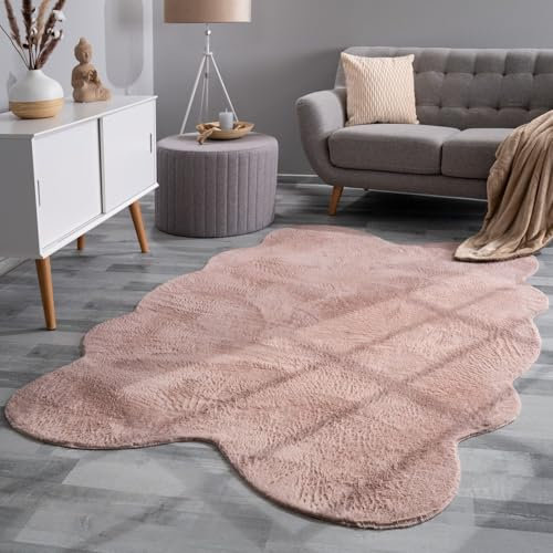 TT Home Wohnzimmer Teppich Unifarben Flauschig Modern Kunstfell Kurzflor, Farbe: Rose, Größe:140x200 cm Fell-Form