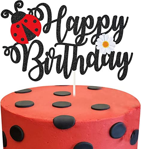LECAKTO Ladybug Happy Birthday Cake Topper , Ladybug & Daisy Birthday Cake Decor, Ladybug Themed Birthday Party Supplies, Garden Bugs Party Decoration