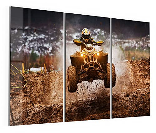 DEQORI Glasbilder Echtglas | Motiv Geländefahrzeug auf Piste | horizontal 3-teilig 150x100 cm | große XXL Deko | Wandbilder für Wohnzimmer, Schlafzimmer, Flur & Küche | moderne Wanddeko