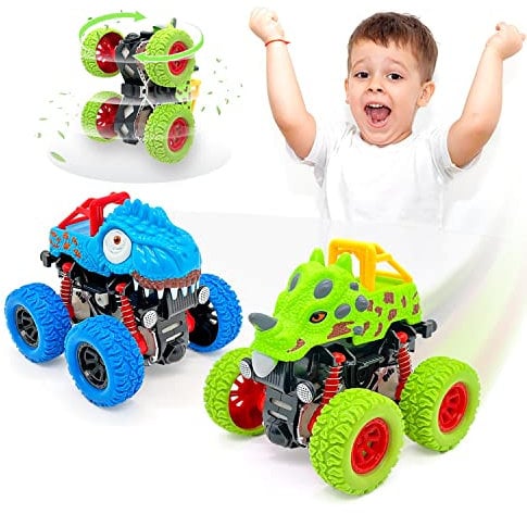 AESTEMON Car Toys for 2 Year Old Boy, 2-Pack Dinosaur Monster Truck Toy Cars for 2 3 Year Old Boys Gifts, Pull Back Friction Inertia Vehicles Birthday Gifts for Kids Toddler Boys Toys Age 2 3 4 5