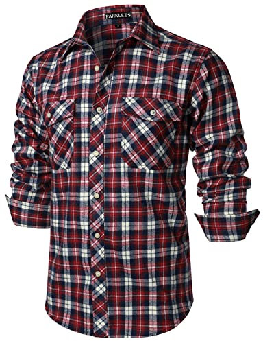 PARKLEES Men's Casual Regular Fit Button Up Flannel Checked Plaid Shirts with Pockets PZLCL41 Navy Red M