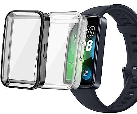 sciuU Hülle Kompatibel mit Huawei Band 8 Smart Watch, [2 Stück] Rundum Schutzhülle mit Displayschutzfolie, Flexible TPU-Gehäuse Case Schale Kompletter Schutz Cover für Huawei Band8, Schwarz + Klar