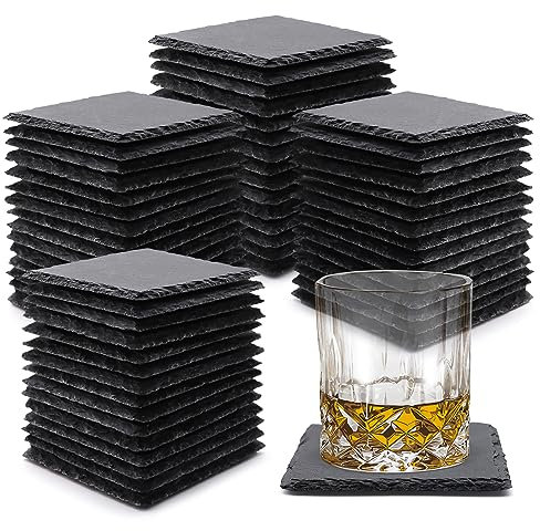 VIBRATITE 60 Stück Schiefer Untersetzer, 10,2 cm Schwarzer Schieferstein Getränkeuntersetzer Glasuntersetzer mit Anti-Kratz-Boden für Lasergravierte, Kaffee, Bar, Küche, Heimdekoration, Quadratisch